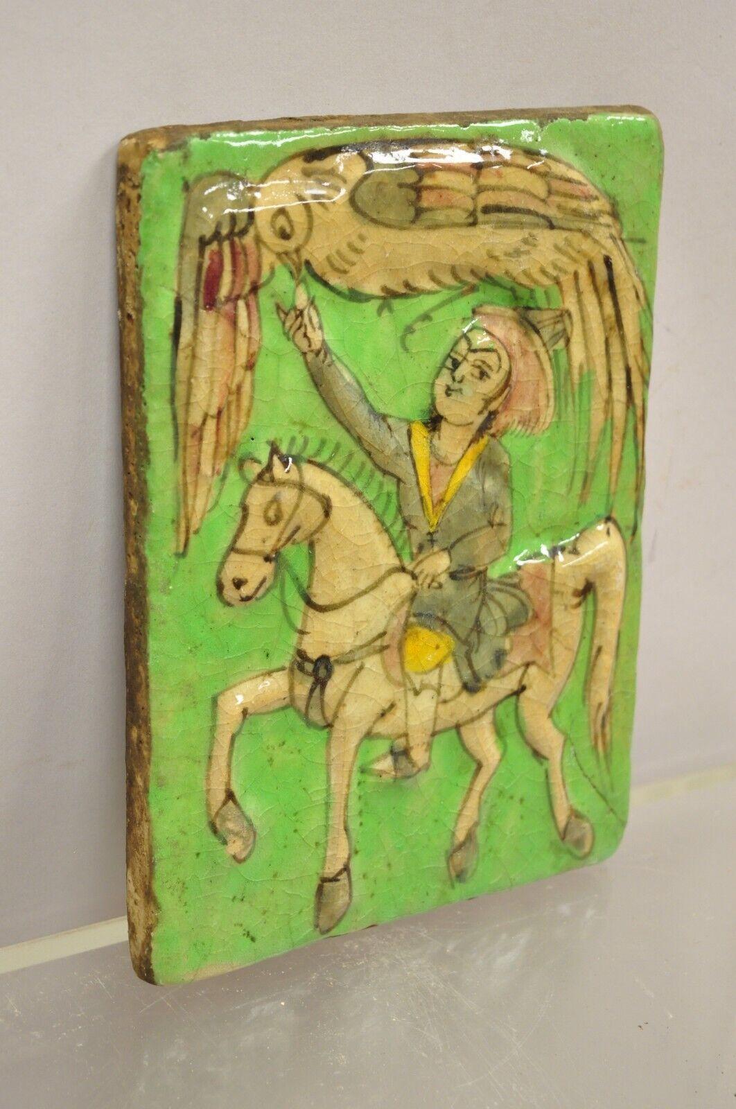Antique Persian Iznik Qajar Style Green Ceramic Pottery Tile Phoenix Bird C4 1
