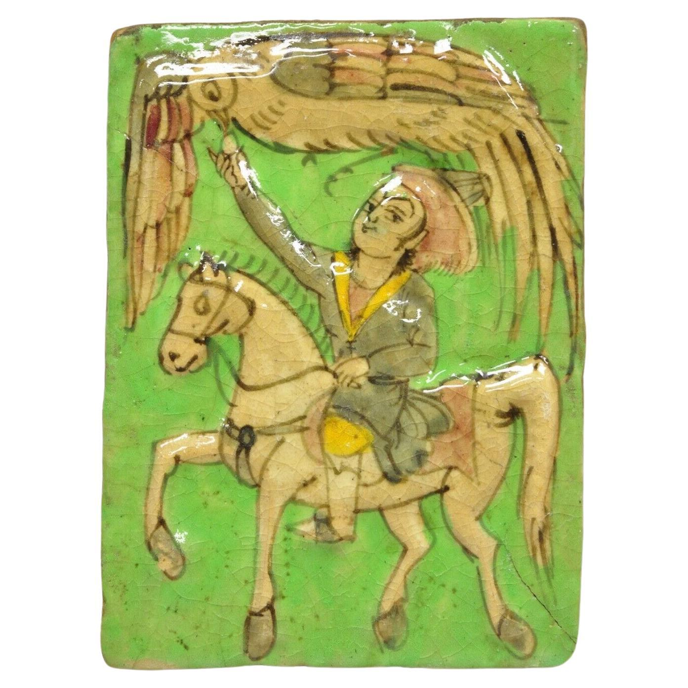 Antique Persian Iznik Qajar Style Green Ceramic Pottery Tile Phoenix Bird C4