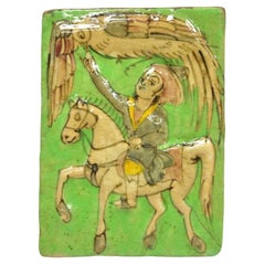 Antike persische Iznik Qajar-Keramik-Kachel im Qajar-Stil, grüne Keramikfliesen, Phoenix-Vogel C4