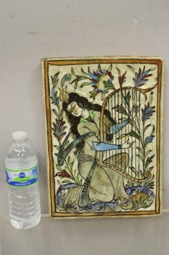 Antique Persian Iznik Qajar Style Large Ceramic Pottery Tile Woman with Harp C1