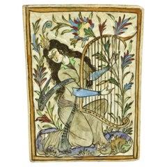 Antique Persian Iznik Qajar Style Large Ceramic Pottery Tile Woman with Harp C1