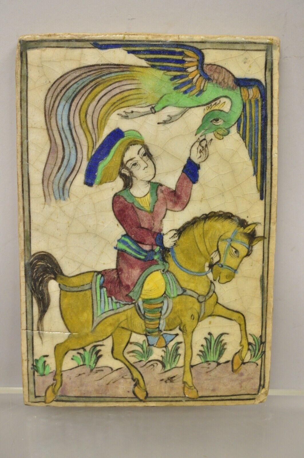 Antique Persian Iznik Qajar Style Lrg Ceramic Pottery Tile Bird Horse Rider C1 6