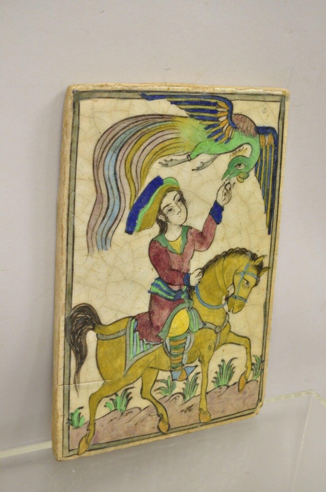 20th Century Antique Persian Iznik Qajar Style Lrg Ceramic Pottery Tile Bird Horse Rider C1