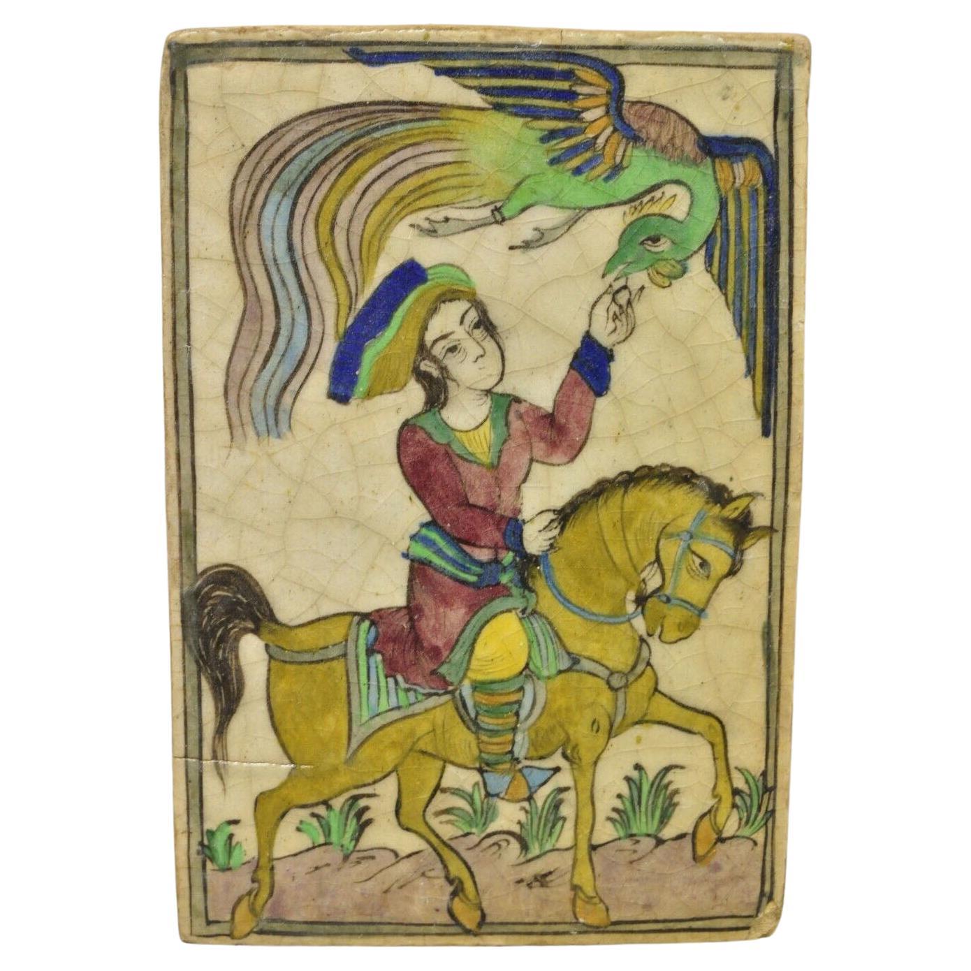 Antique Persian Iznik Qajar Style Lrg Ceramic Pottery Tile Bird Horse Rider C1