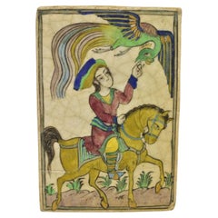 Antique Persian Iznik Qajar Style Lrg Ceramic Pottery Tile Bird Horse Rider C1