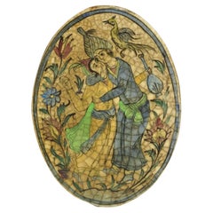 Antique Persian Iznik Qajar Style Oval Ceramic Pottery Tile Loving Embrace C2