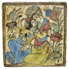 Antique poterie persane Iznik Qajar carrée en céramique beige à carreaux Couple C5