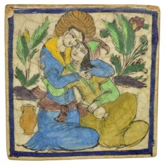 Antique Persian Iznik Qajar Style Square Ceramic Pottery Tile Blue Couple C5