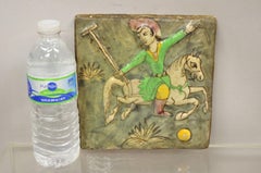 Antique Persian Iznik Qajar Style Square Ceramic Pottery Tile Polo Player C5