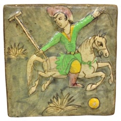 Antique Persian Iznik Qajar Style Square Ceramic Pottery Tile Polo Player C5