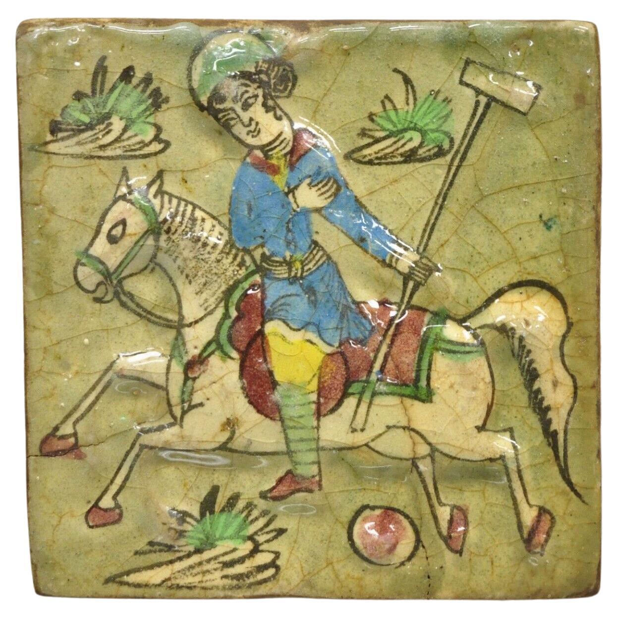 Antique Persian Iznik Qajar Style Square Ceramic Pottery Tile Polo Player C5
