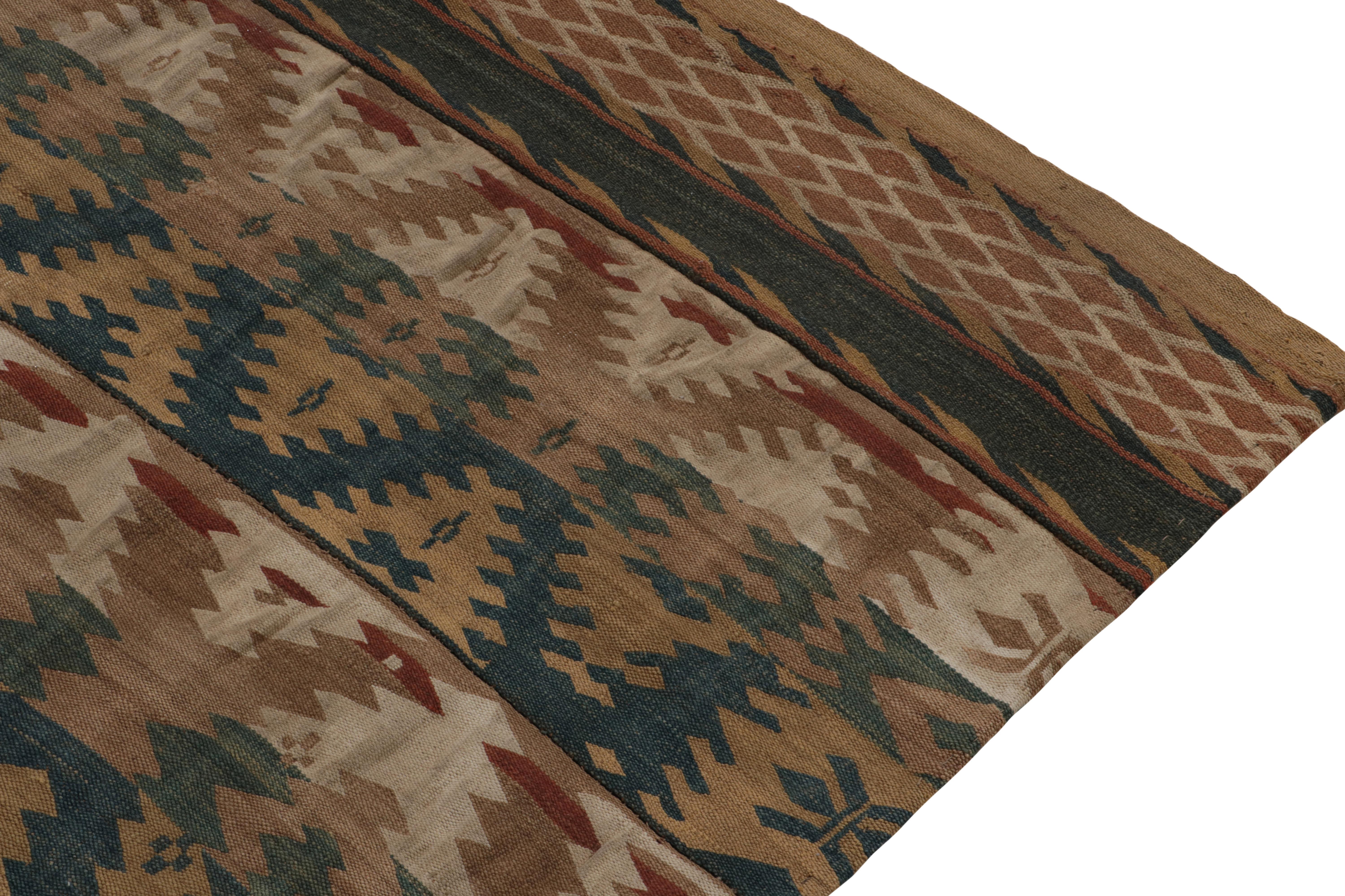 Hand-Knotted Vintage Kilim rug in Brown, Blue, Green Tribal Geometric Pattern by Rug & Kilim For Sale