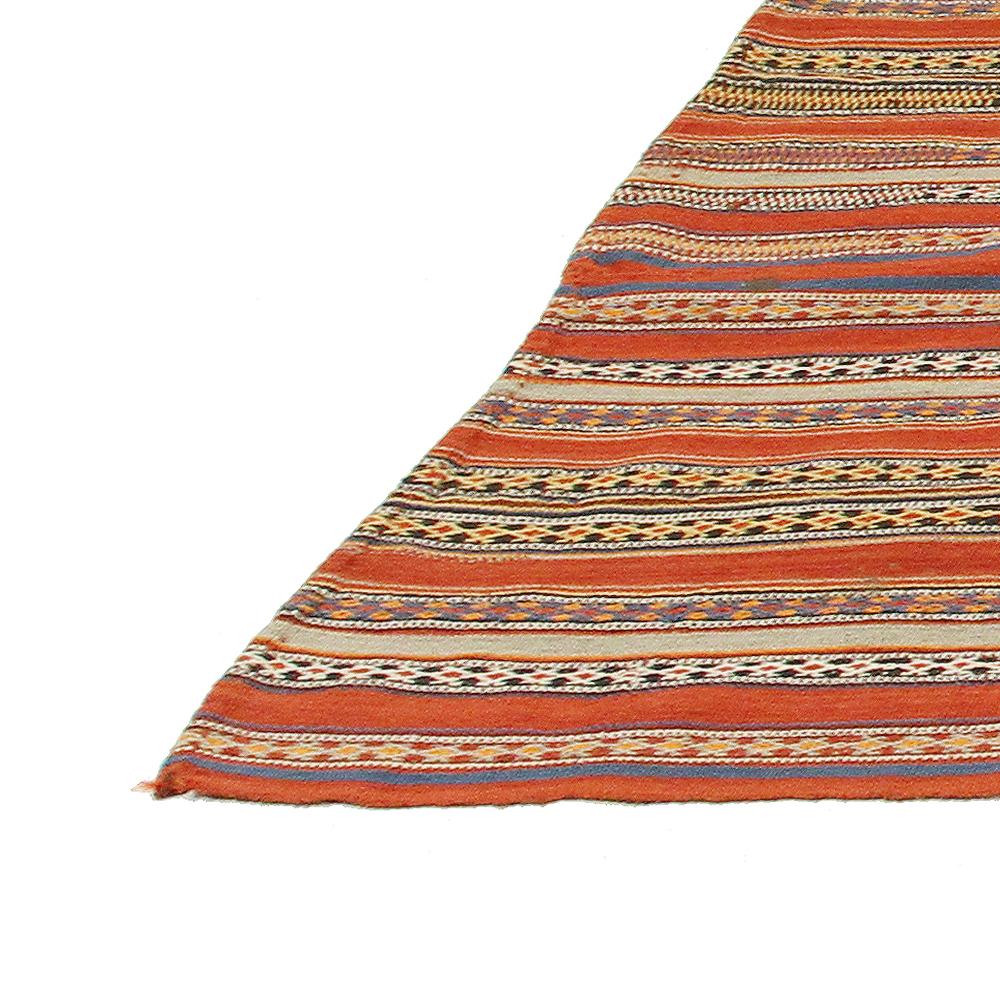 Hand-Woven Antique Persian Jajim Flat-Weave Rug with Blue and Red Tribal Stripes For Sale