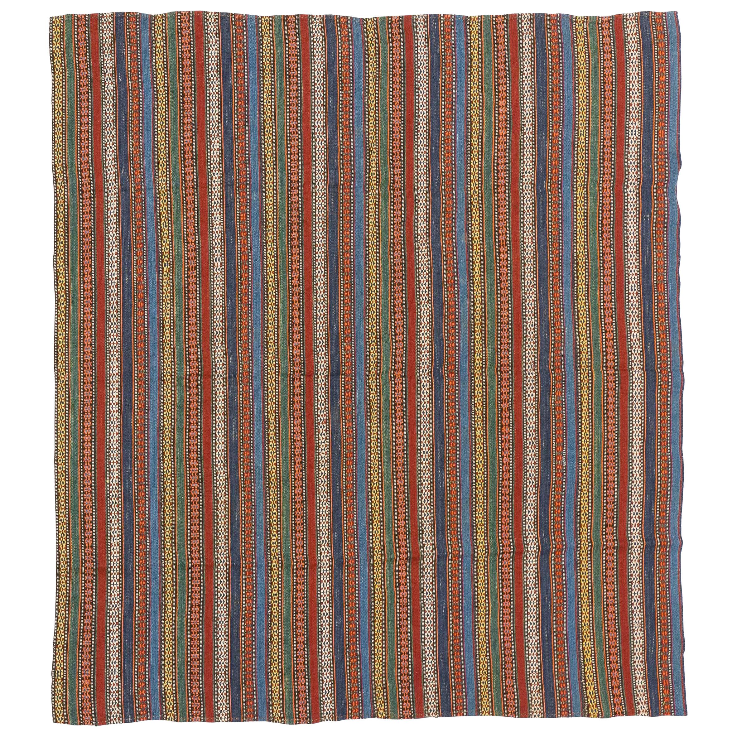 Tapis persan antique Jajim à tissage plat avec rayures colorées et détails tribaux