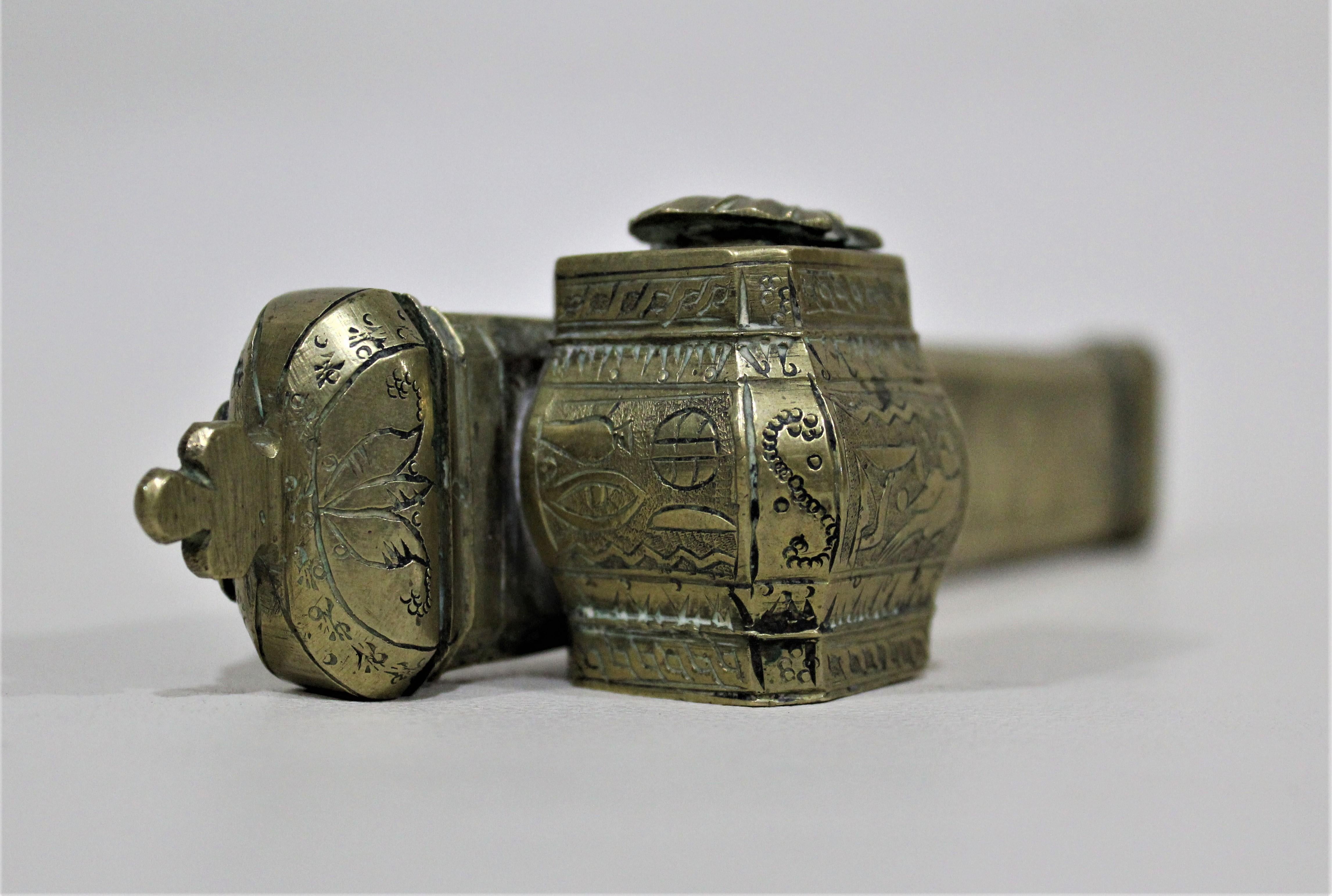 Anglo-Indian Antique Brass Engraved Persian, Japanese & Egyptian Pen Case Ink Well Group Lot For Sale