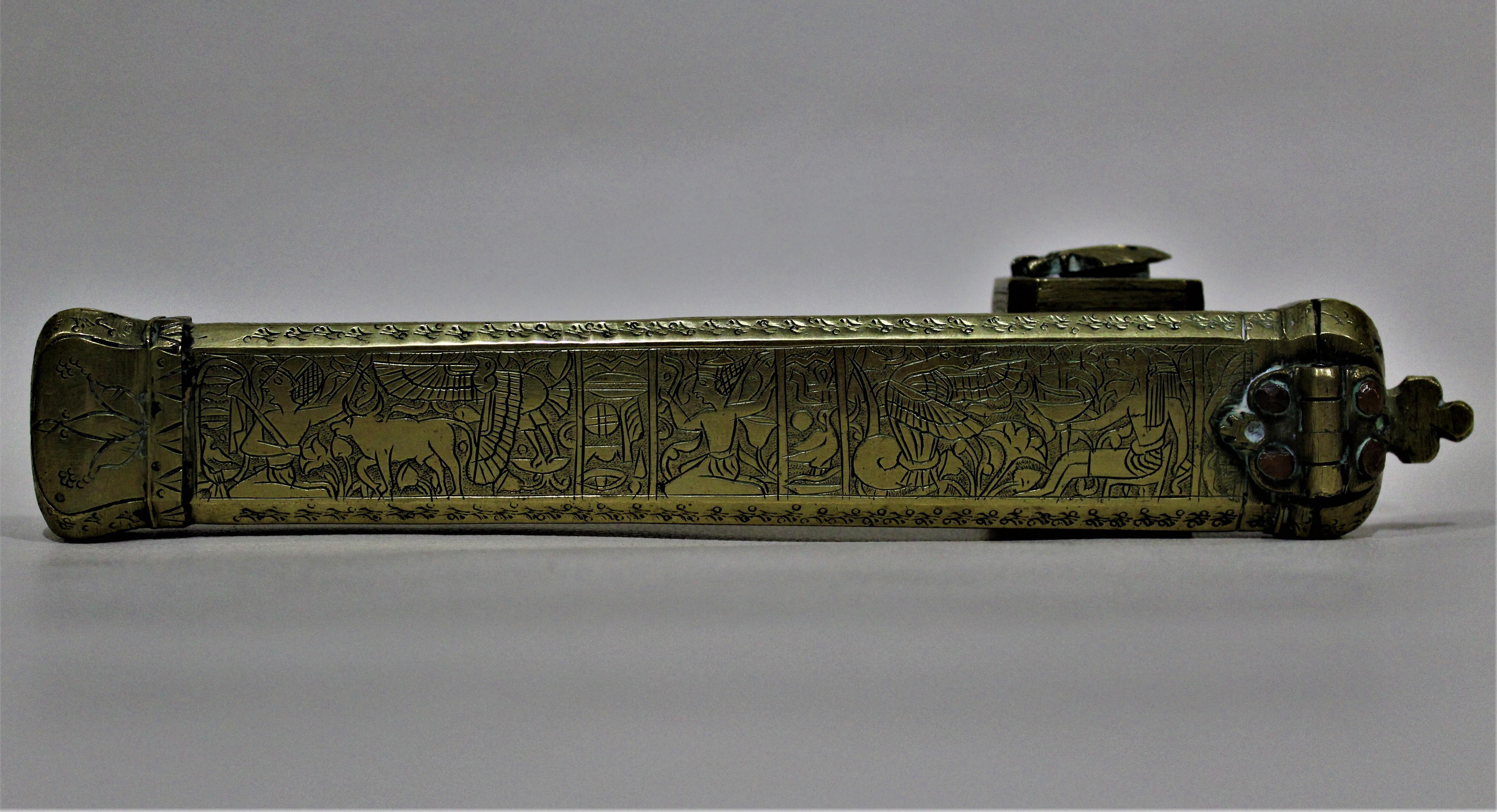 Antique Brass Engraved Persian, Japanese & Egyptian Pen Case Ink Well Group Lot In Good Condition For Sale In Hamilton, Ontario