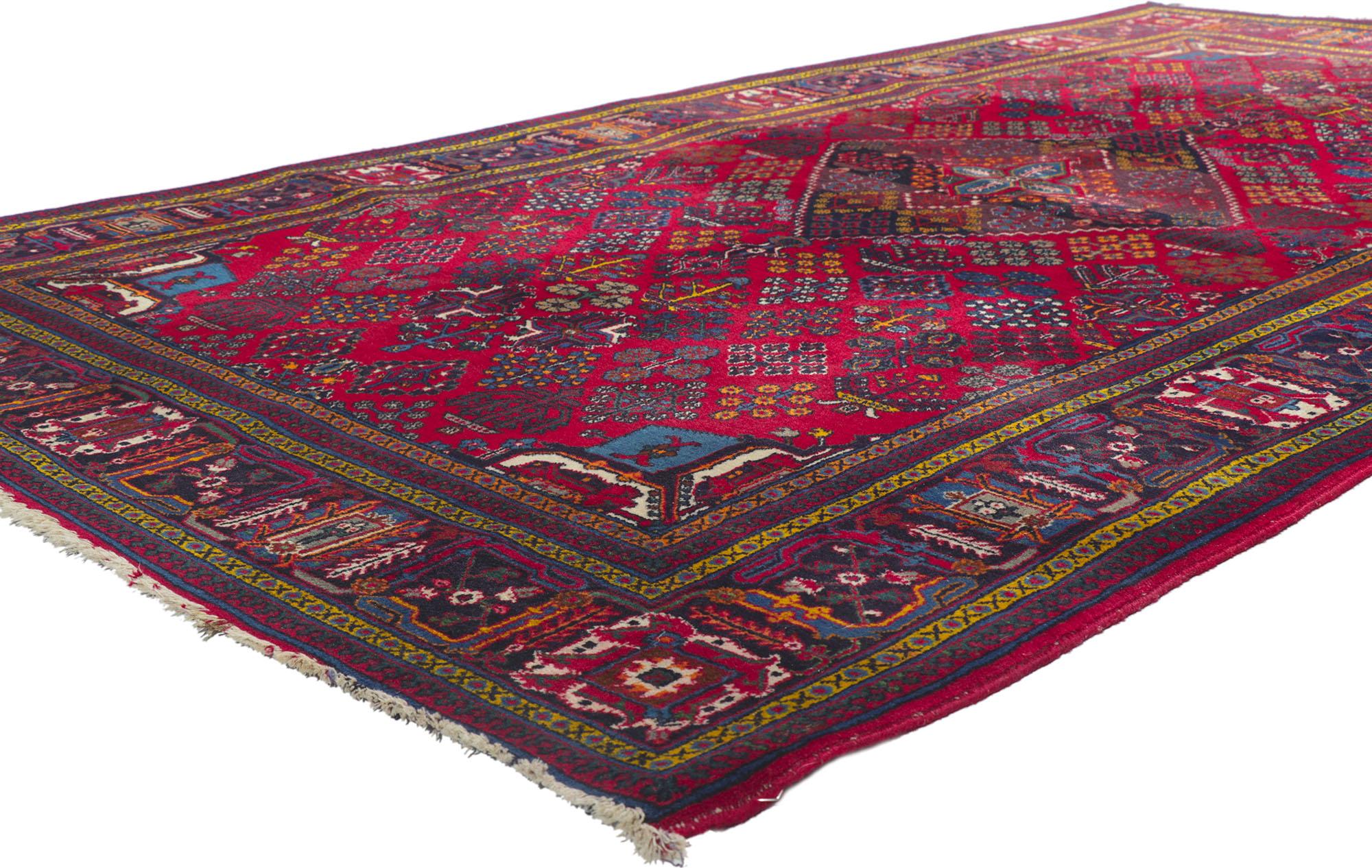 78181 Antique Persian Joshegan rug, 05'04 x 09'01. With timeless design and effortless beauty, this hand knotted wool antique Persian Joshegan rug is poised to impress. It features a central lozenge medallion filled decorated with a cross motif