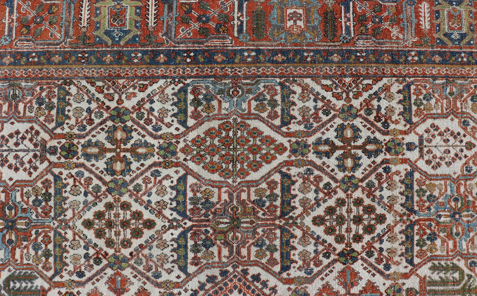 Measures: 7'10 x 10'9 
Antique Persian Joshegan Rug in Ivory Background With Blue, Green, & Copper. Keivan Woven Arts/ rugEN-15157, country of origin / type: Iran / Joshegan, circa 1920

Antique Persian Joshegan Rug in Ivory Background with copper,