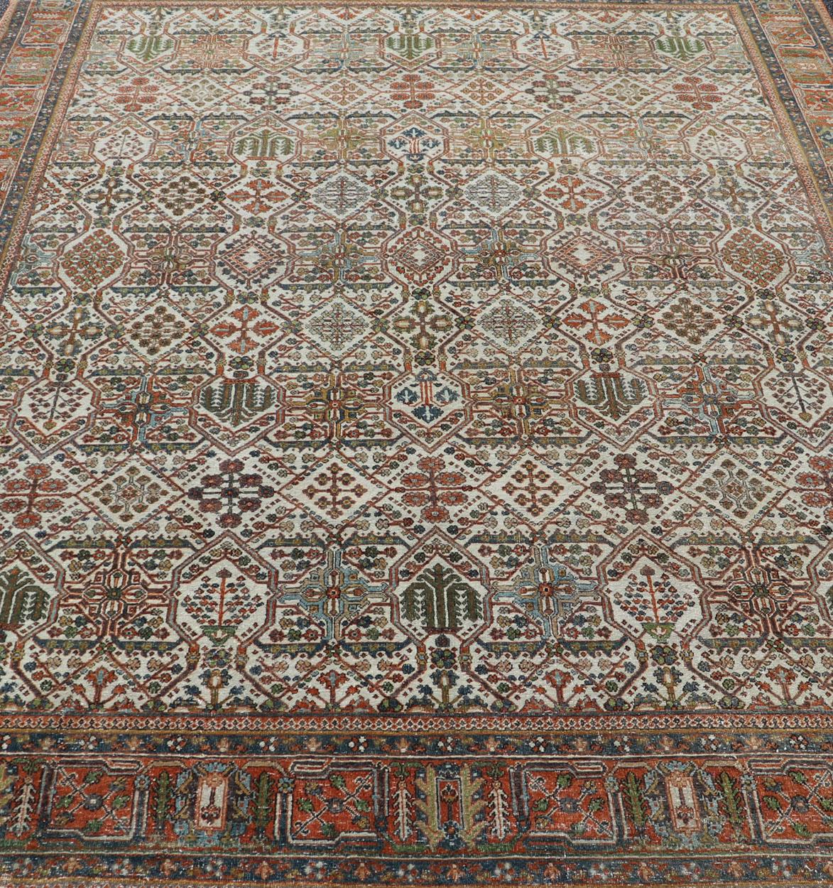 Antique Persian Joshegan Rug in Ivory Background With Blue, Green, & Copper  For Sale 2