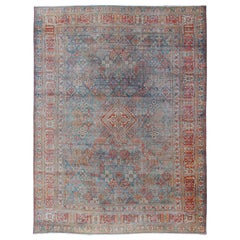 Antique Persian Joshegan Rug in Red and Blue