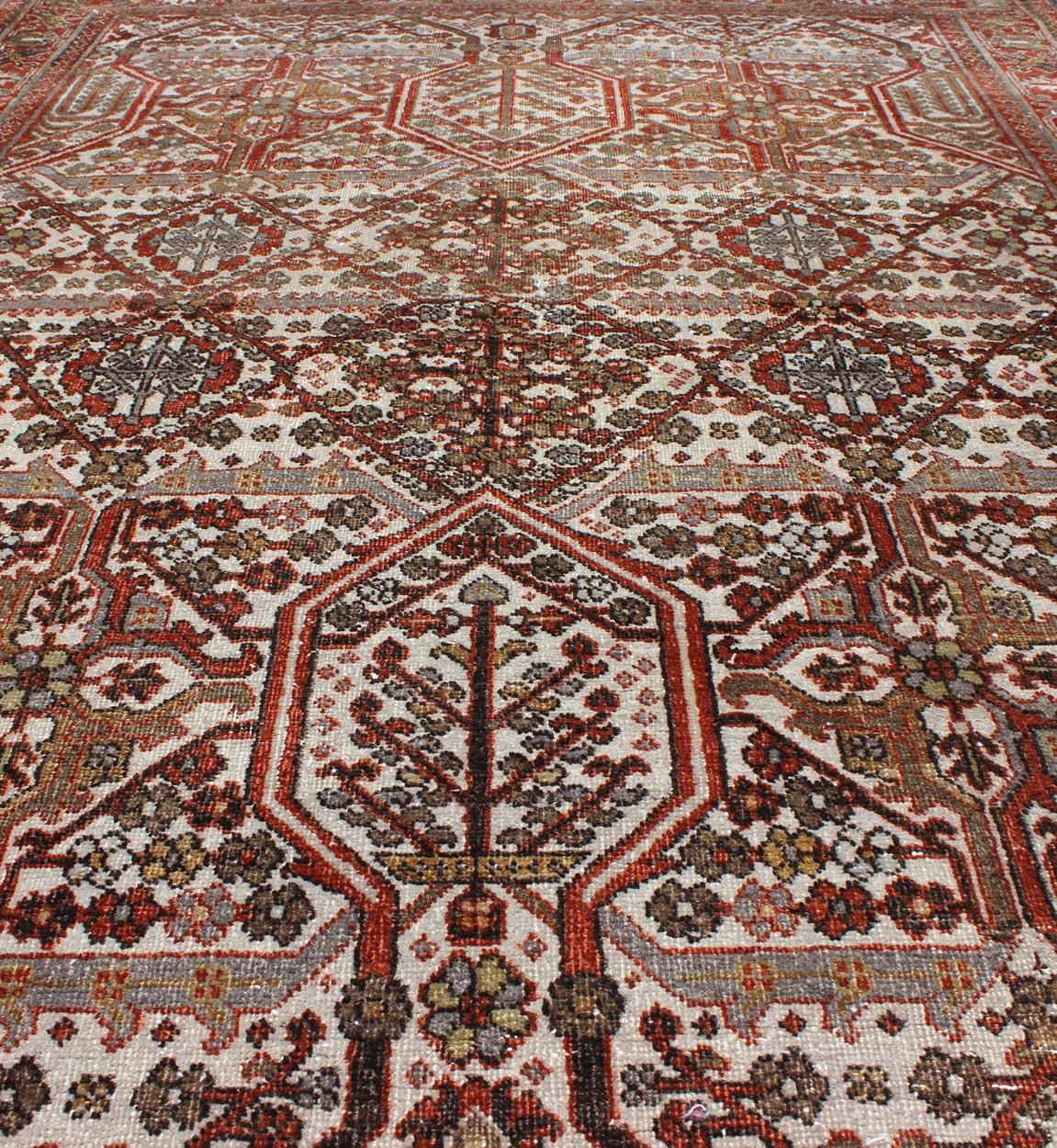Hand-Knotted Antique Persian Joshegan Rug in Ivory Background with Red, Green and Blue  For Sale