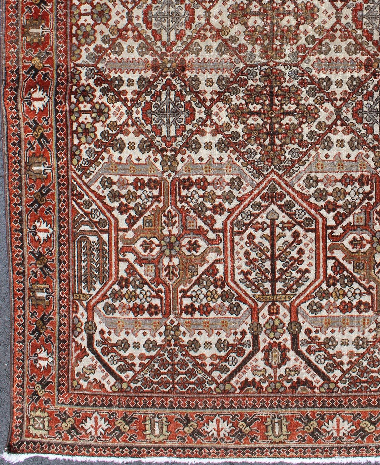 Antique Persian Joshegan Rug in Ivory Background with Red, Green and Blue  For Sale 2