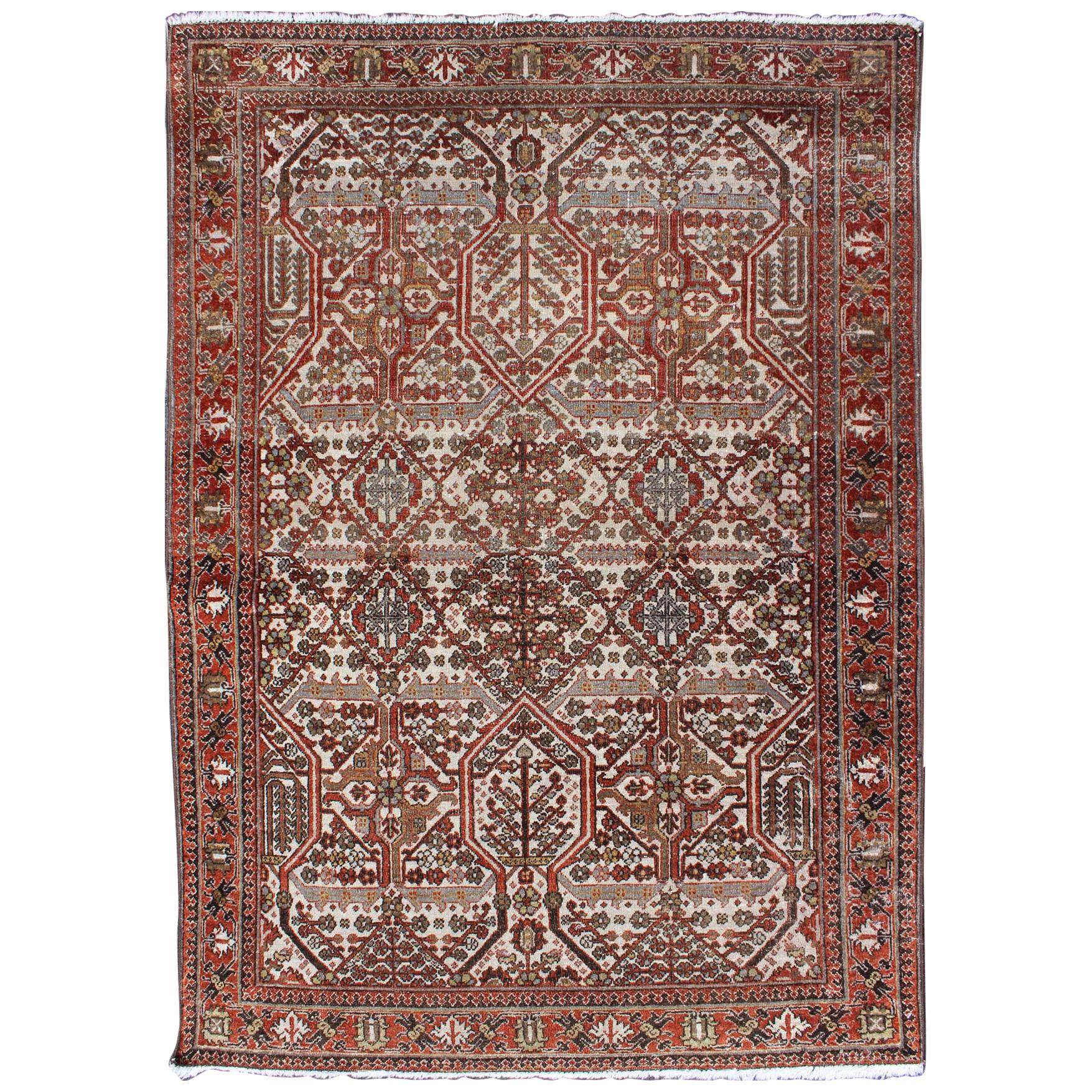 Antique Persian Joshegan Rug in Ivory Background with Red, Green and Blue  For Sale