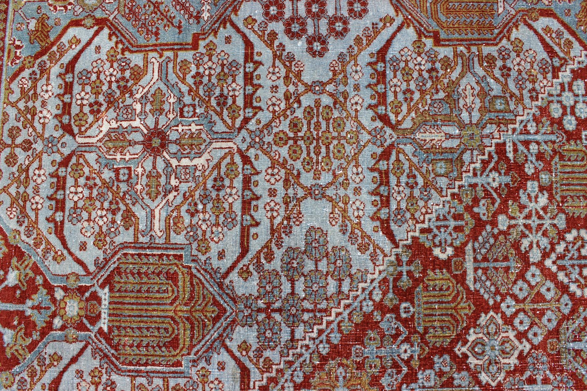 Tribal Large Antique Persian Joshegan Rug in Rust Red, Light Blue, Green, Gold & Olive For Sale