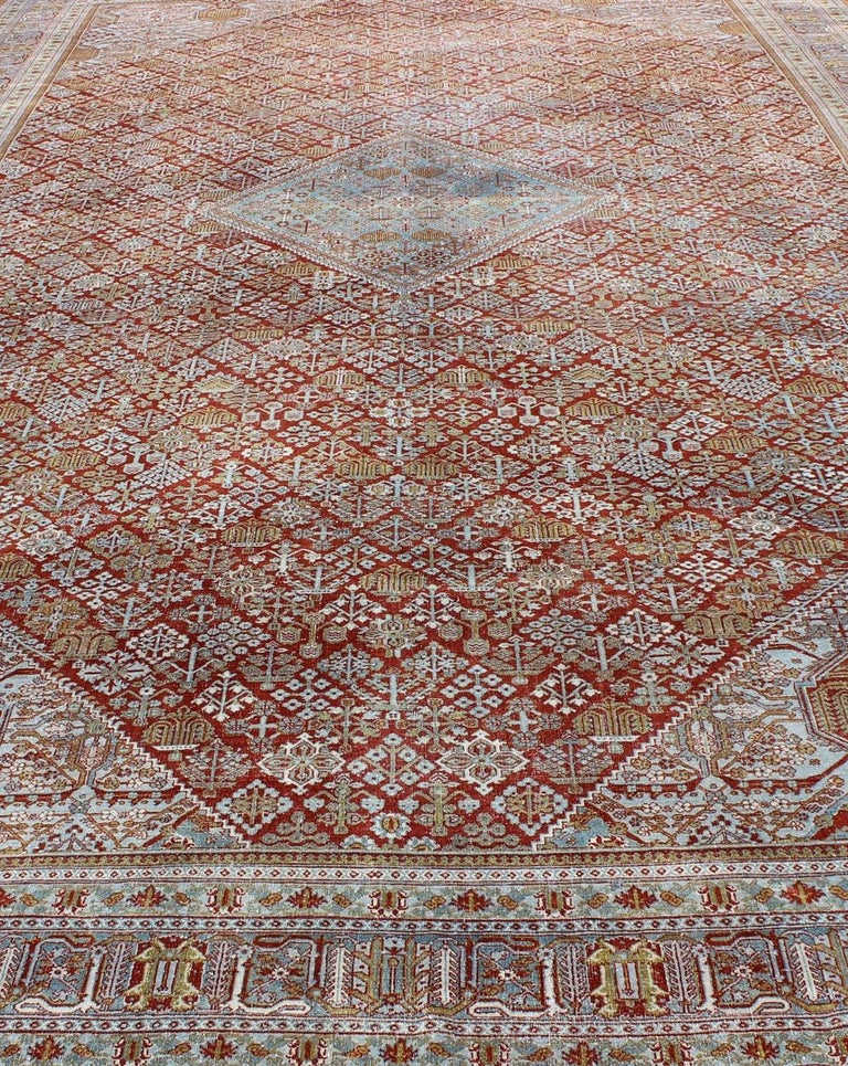 Antique Persian Joshegan Rug in Rust Red, Light Blue, Green, Gold and ...