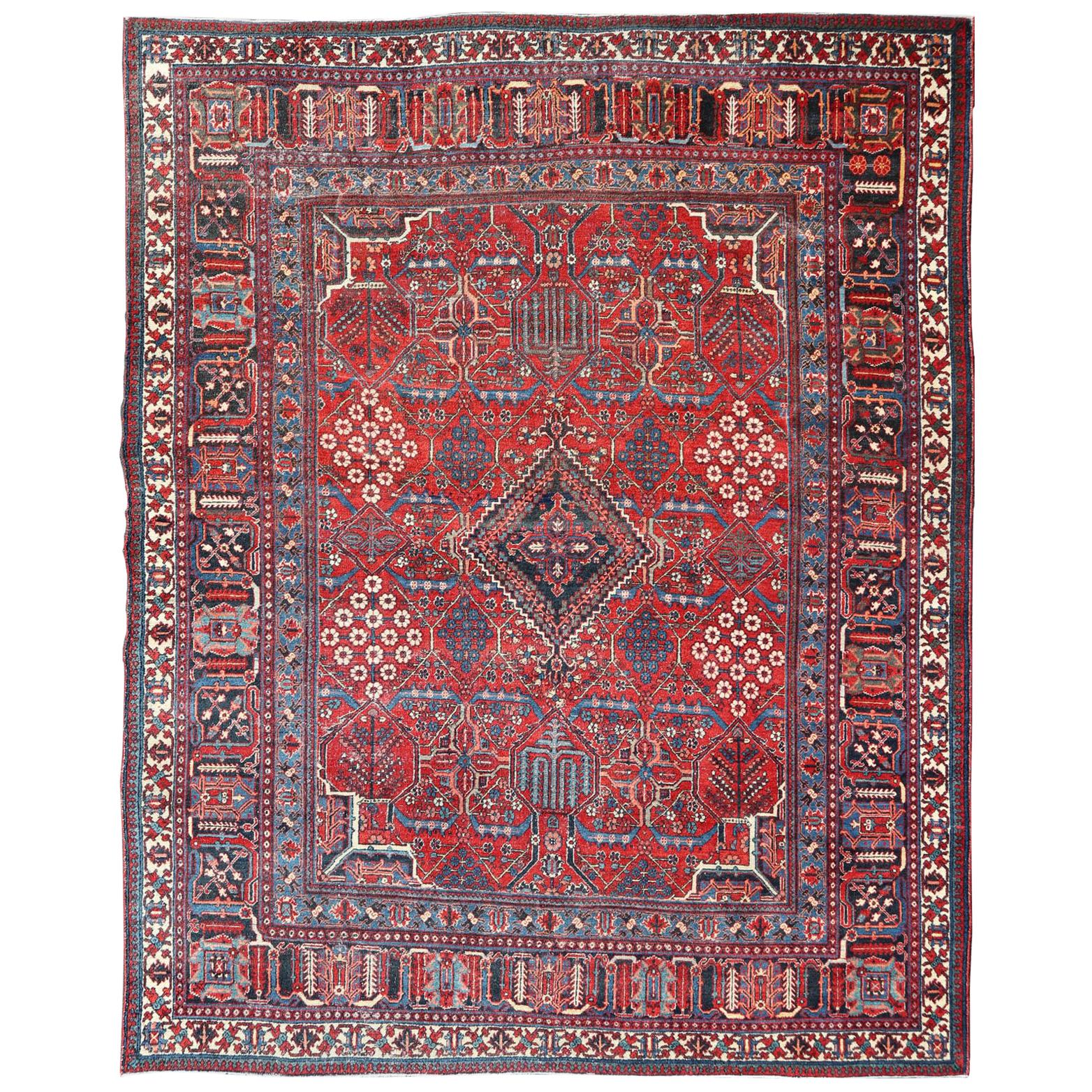 Antique Persian Serab Rug with Tree Design in Cream, Red, Blue and
