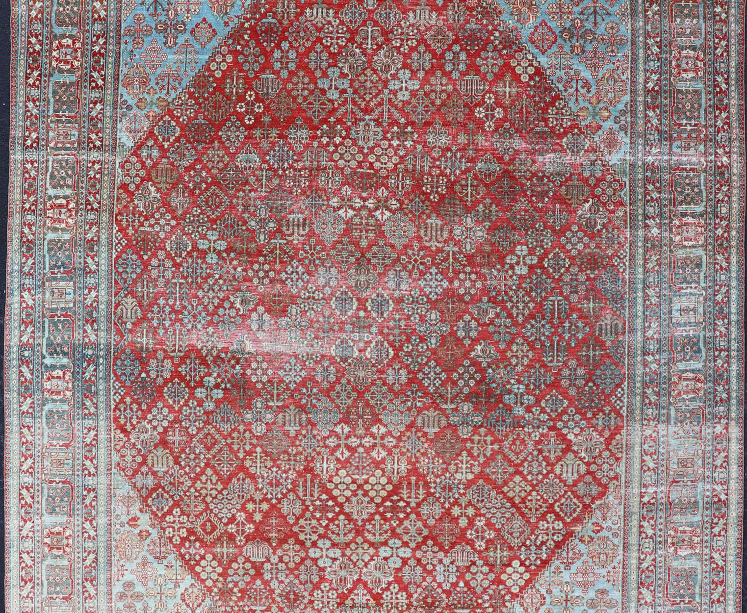 Antique Persian Joshegan Rug with Geometric Medallion Design in Red and Lt. Blue For Sale 3