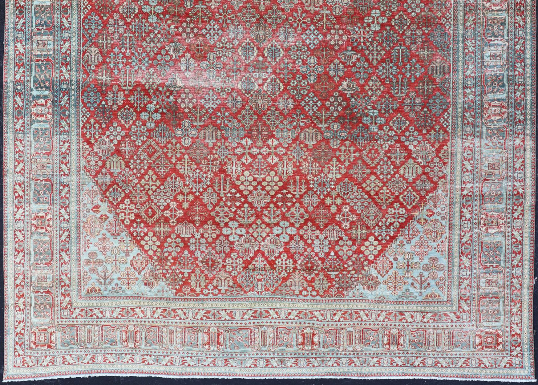 Antique Persian Joshegan Rug with Geometric Medallion Design in Red and Lt. Blue For Sale 4