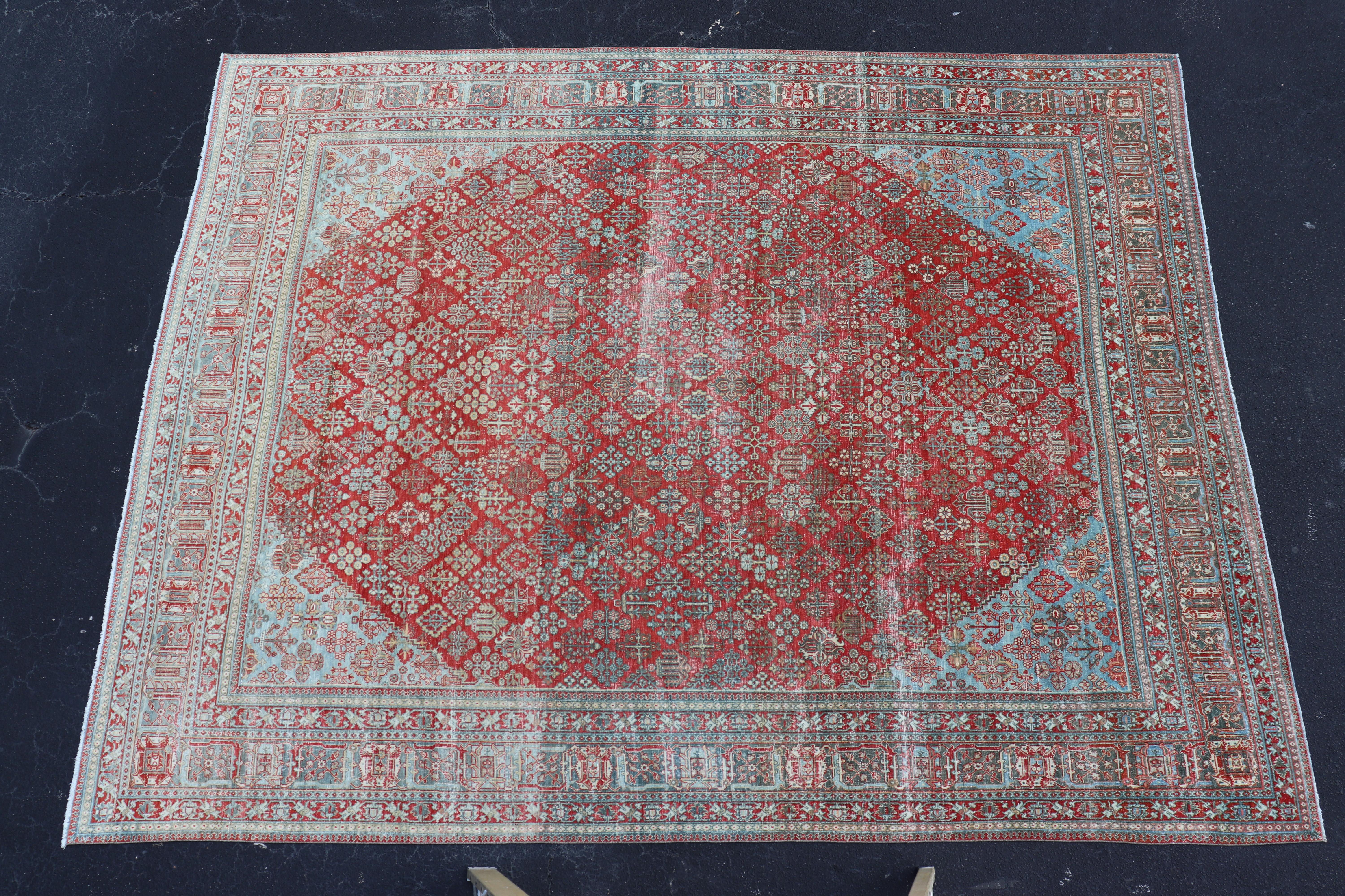Antique Persian Joshegan Rug with Geometric Medallion Design in Red and Lt. Blue For Sale 5