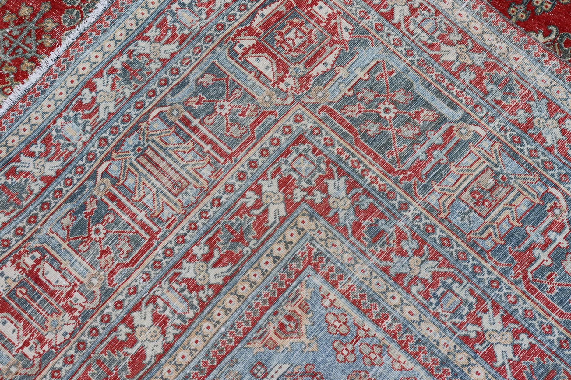 Antique Persian Joshegan Rug with Geometric Medallion Design in Red and Lt. Blue For Sale 6