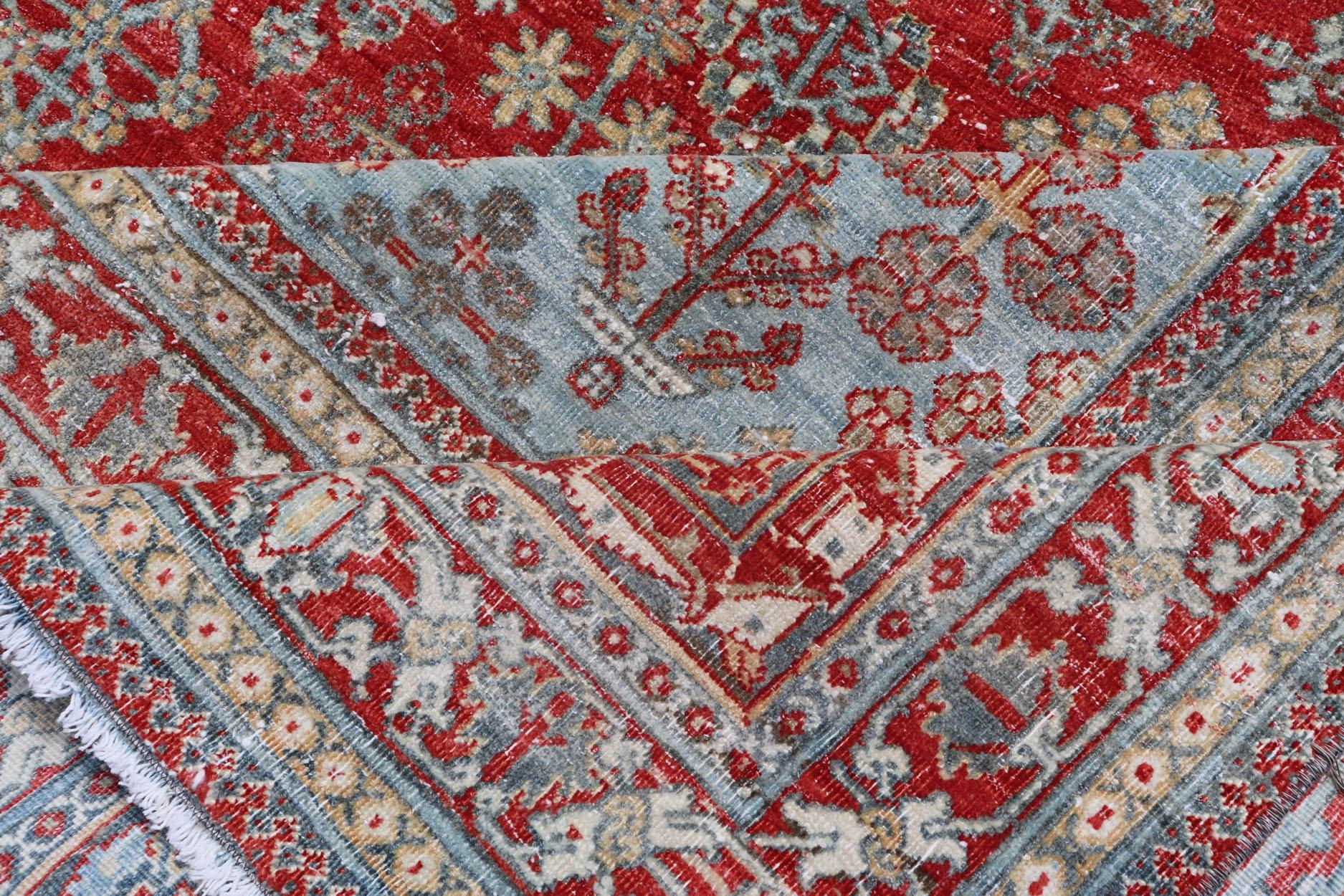 Antique Persian Joshegan Rug with Geometric Medallion Design in Red and Lt. Blue For Sale 7