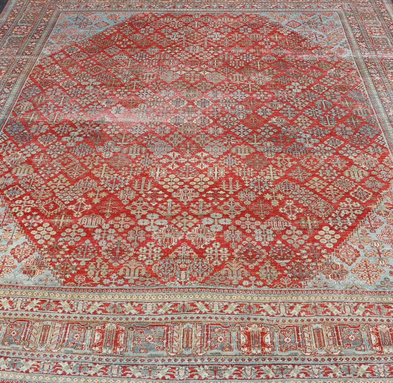 Antique Persian Joshegan Rug with Geometric Medallion Design in Red and Lt. Blue For Sale 8