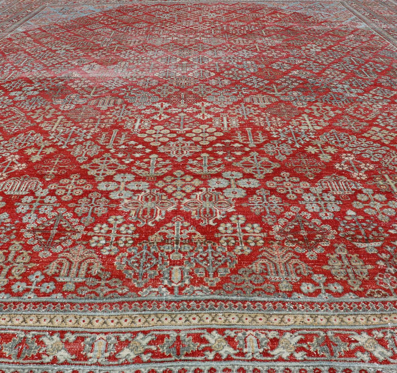 Antique Persian Joshegan Rug with Geometric Medallion Design in Red and Lt. Blue For Sale 9