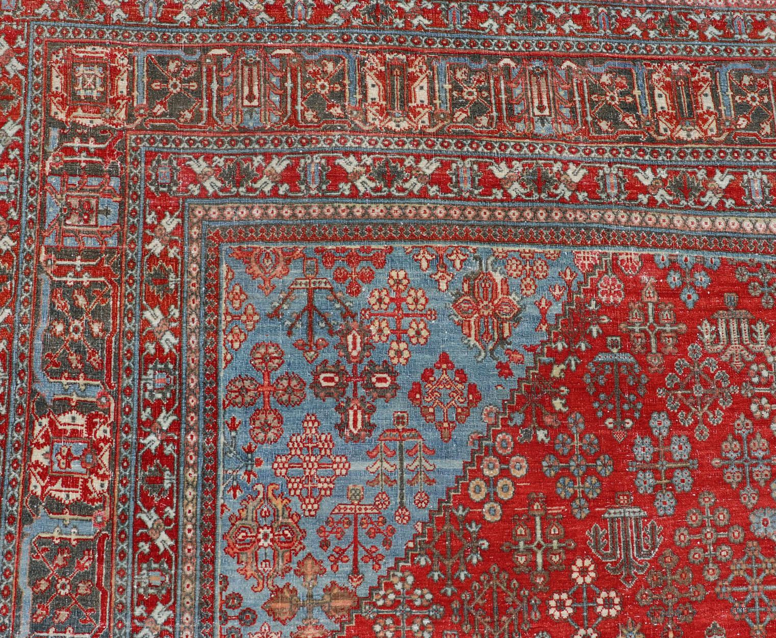 Hand-Knotted Antique Persian Joshegan Rug with Geometric Medallion Design in Red and Lt. Blue For Sale