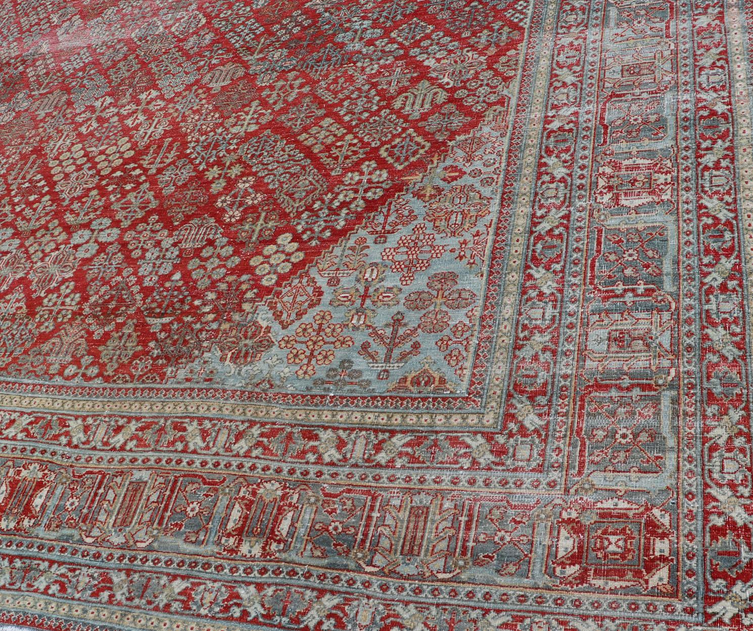 Antique Persian Joshegan Rug with Geometric Medallion Design in Red and Lt. Blue For Sale 1