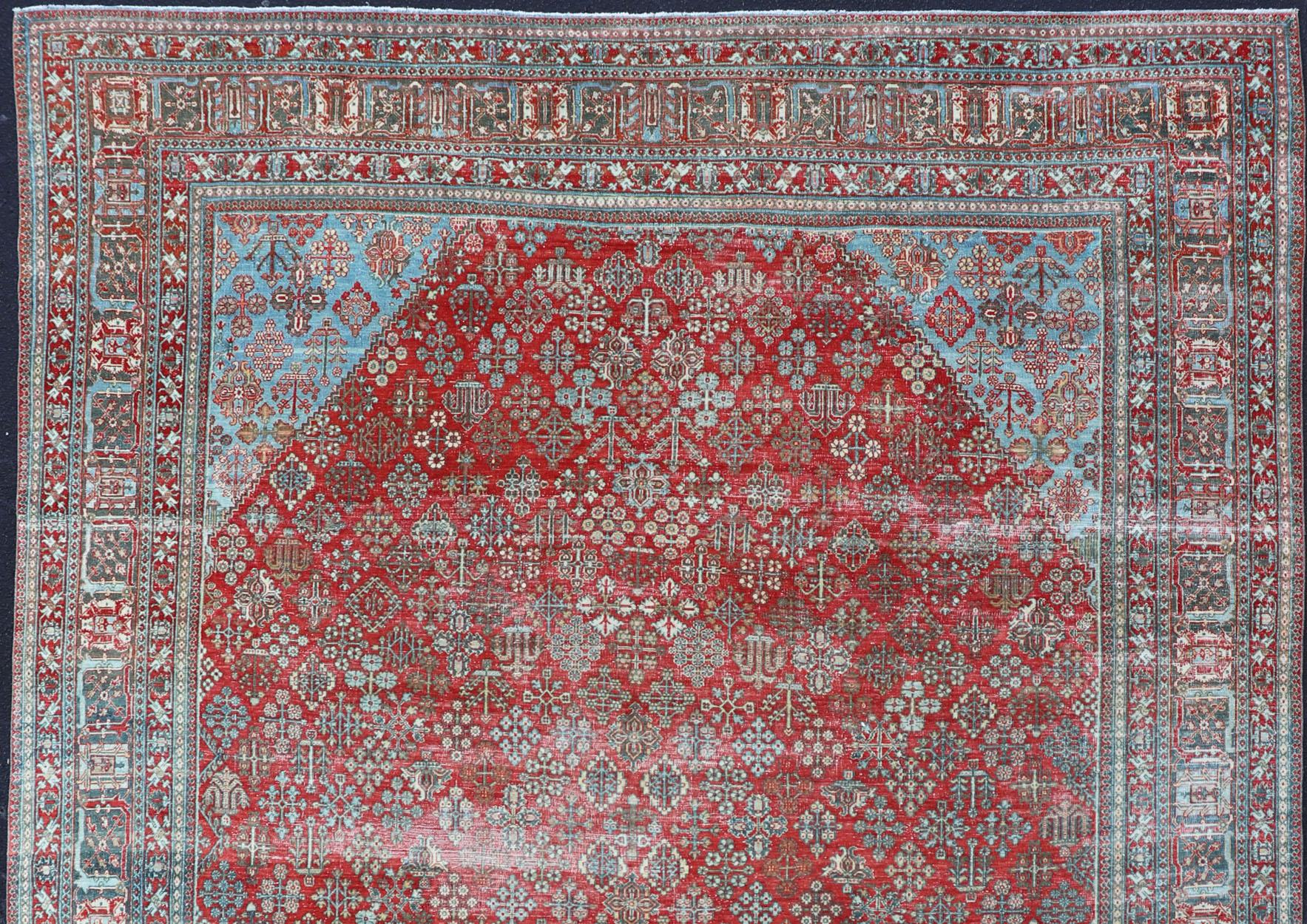 Antique Persian Joshegan Rug with Geometric Medallion Design in Red and Lt. Blue For Sale 2