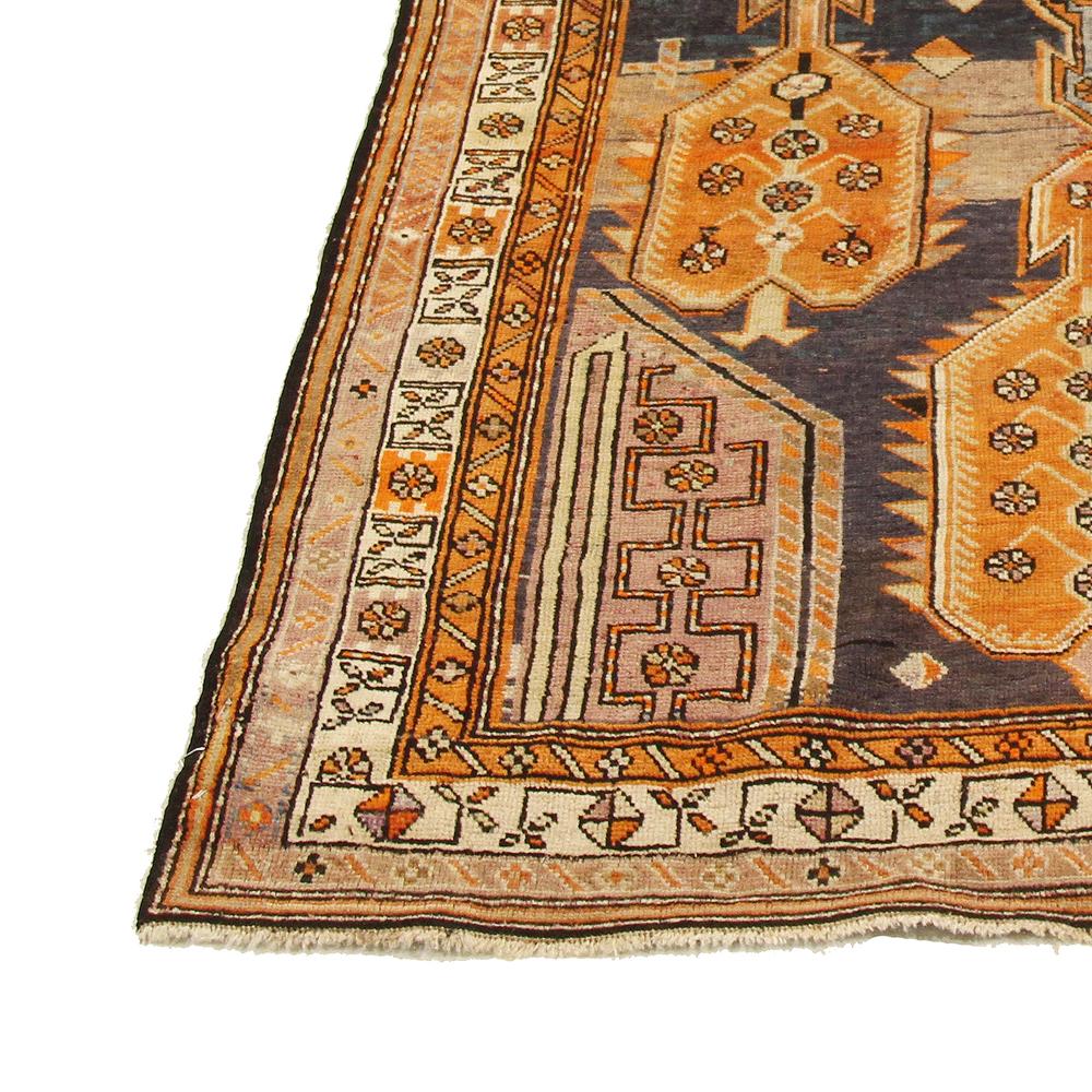 Hand-Woven Antique Persian Karabagh Rug with Orange and Navy Tribal Medallions For Sale