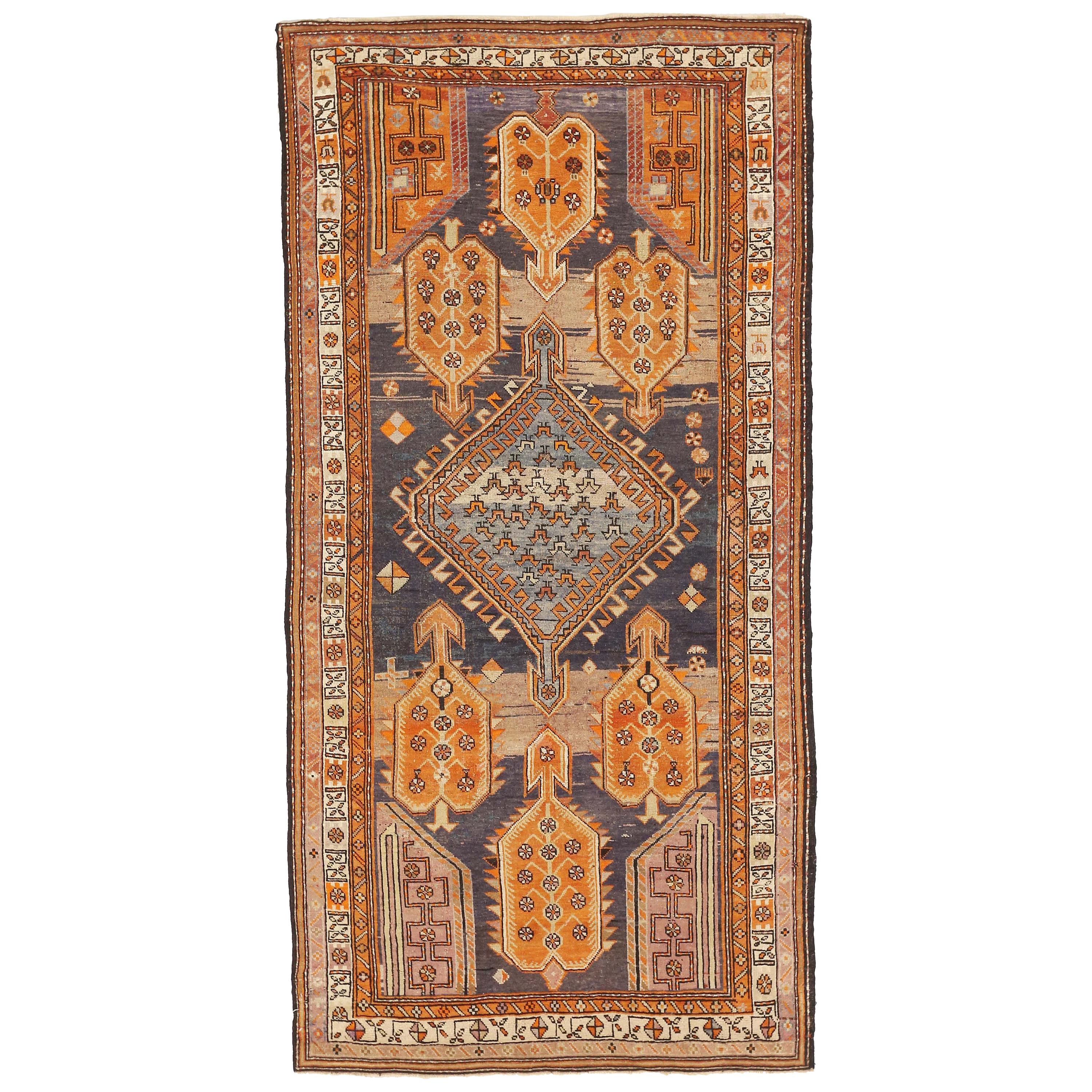 Antique Persian Karabagh Rug with Orange and Navy Tribal Medallions For Sale