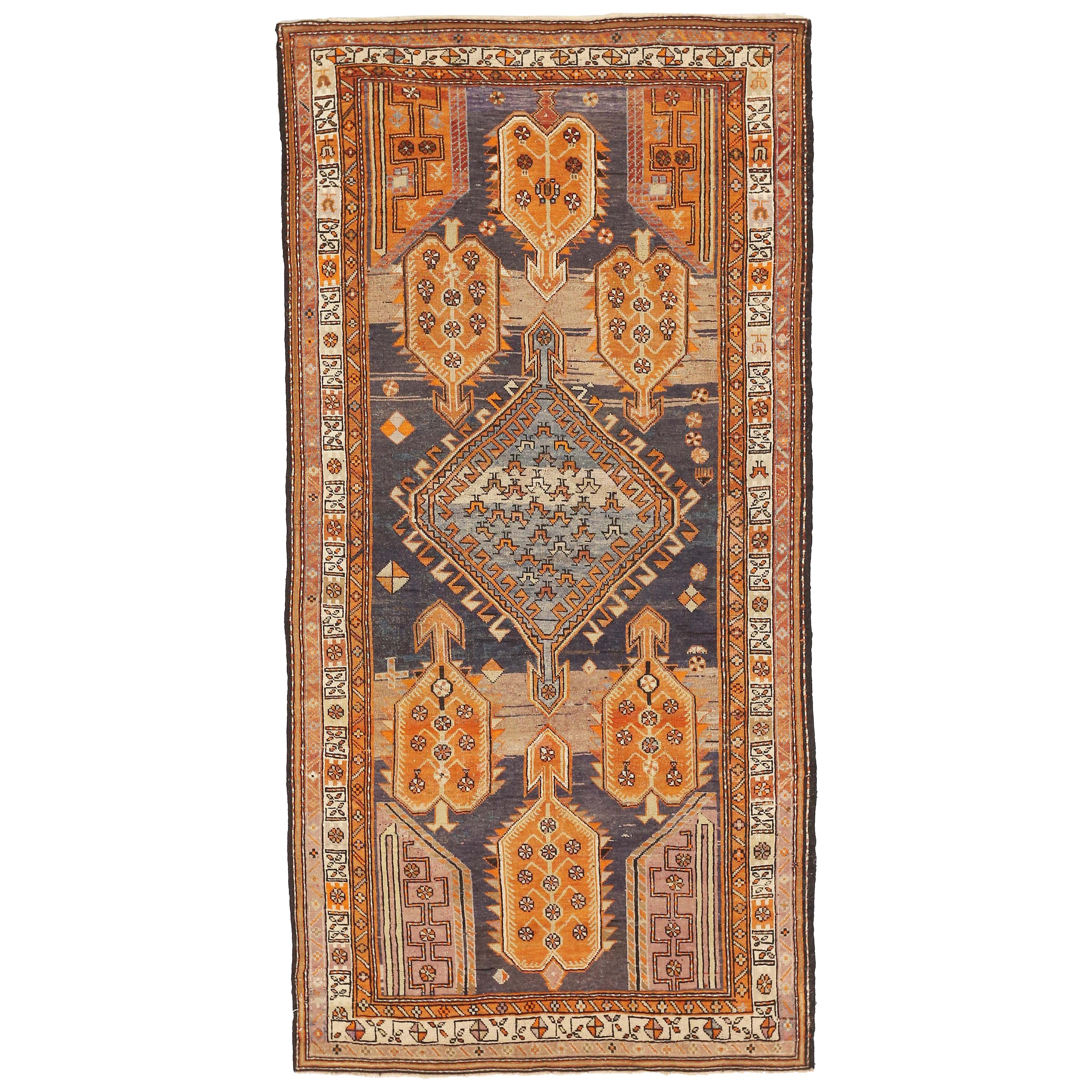 Tapis persan antique Karabagh avec médaillons tribaux orange et marine