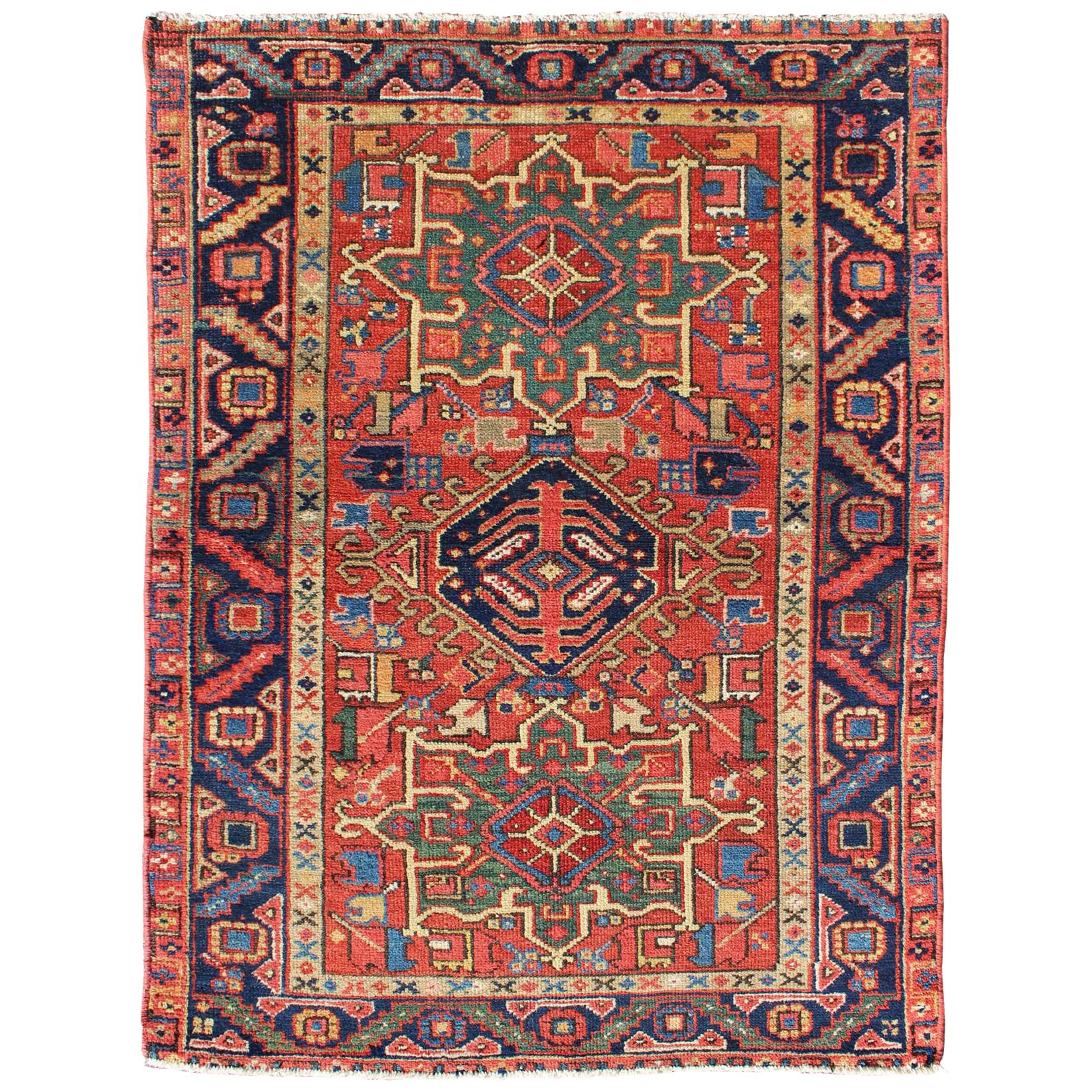 Antique Persian Karadjeh Rug with Three Tribal Medallions in Multi-Colors