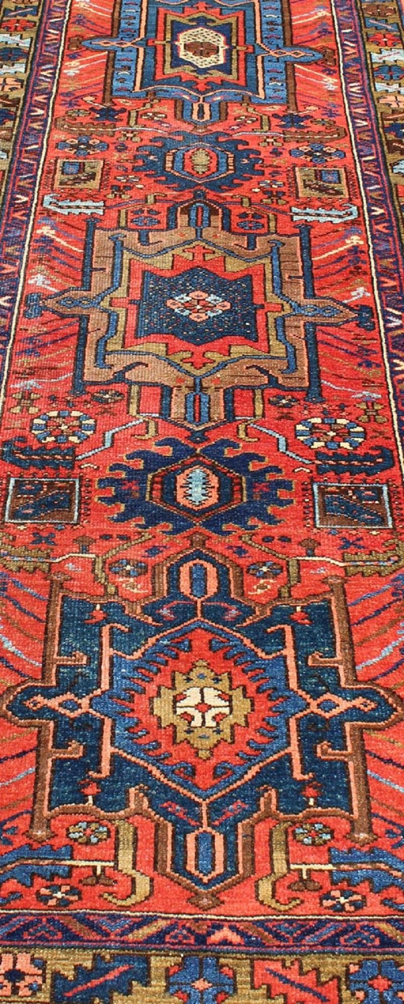 Antique Persian Karadjeh Runner with Layered Geometric Medallions in Red-Orange For Sale 2