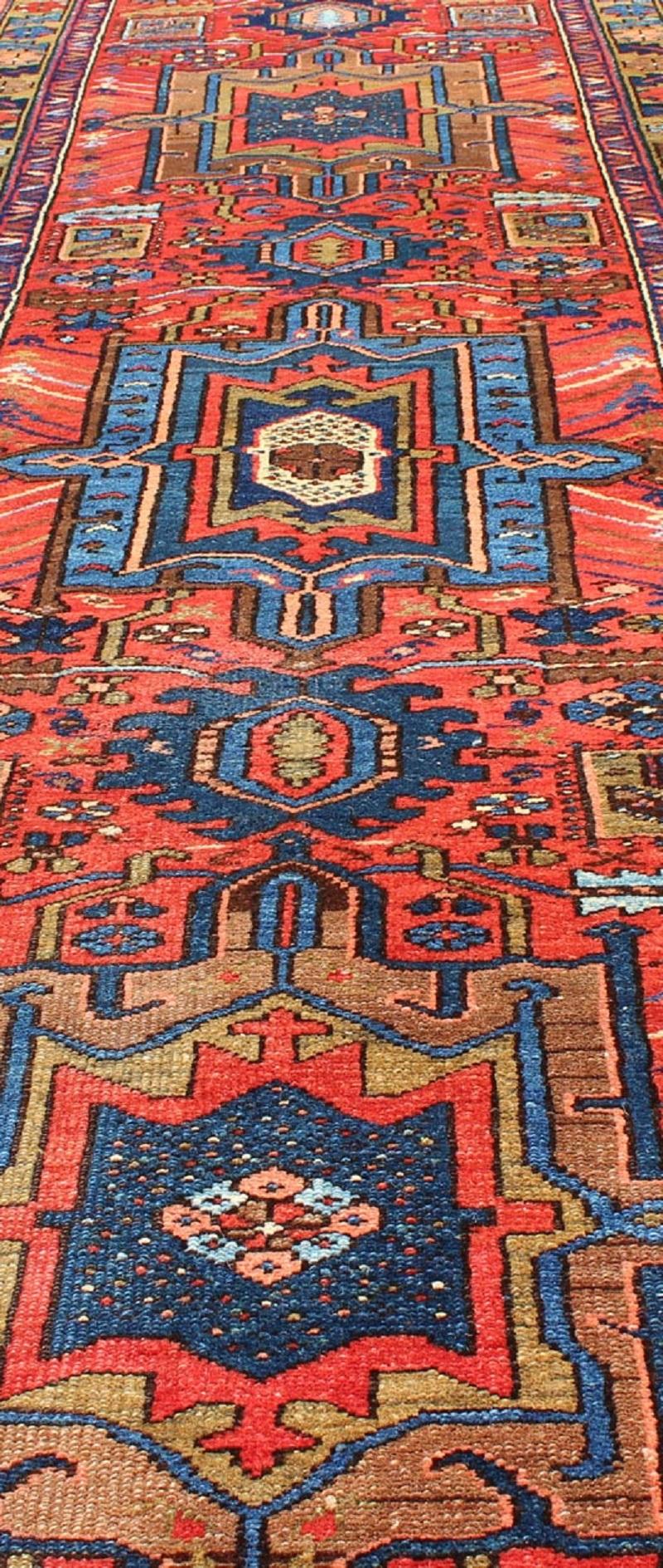 Antique Persian Karadjeh Runner with Layered Geometric Medallions in Red-Orange For Sale 3