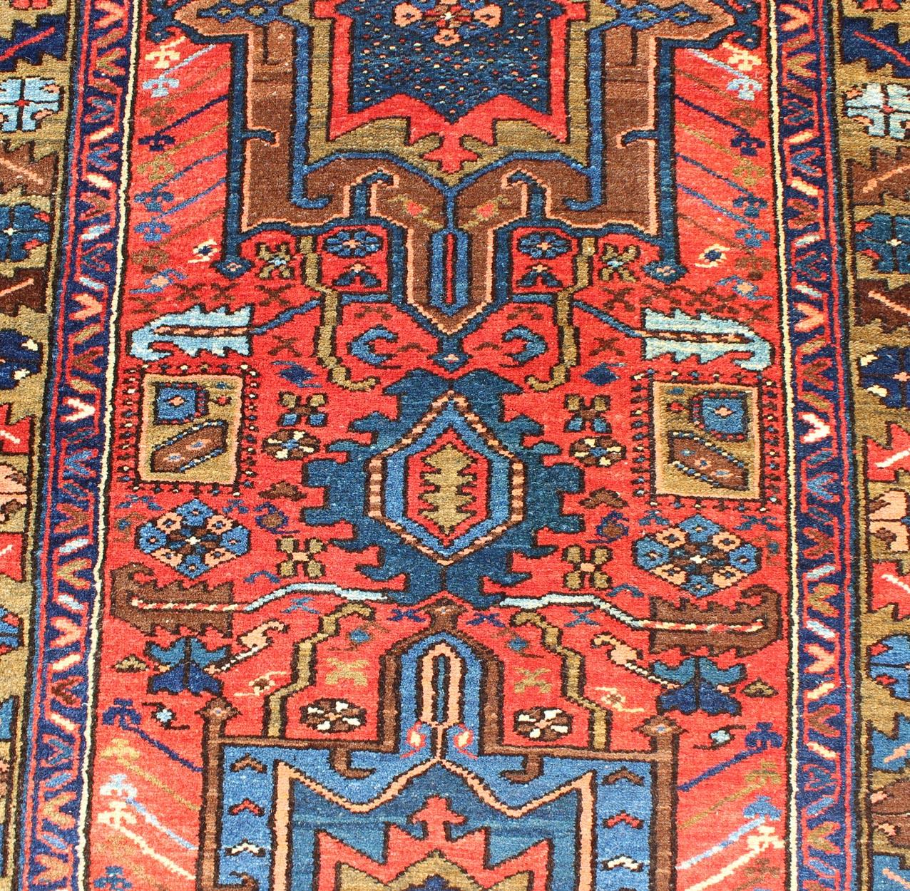 Antique Persian Karadjeh Runner with Layered Geometric Medallions in Red-Orange For Sale 4