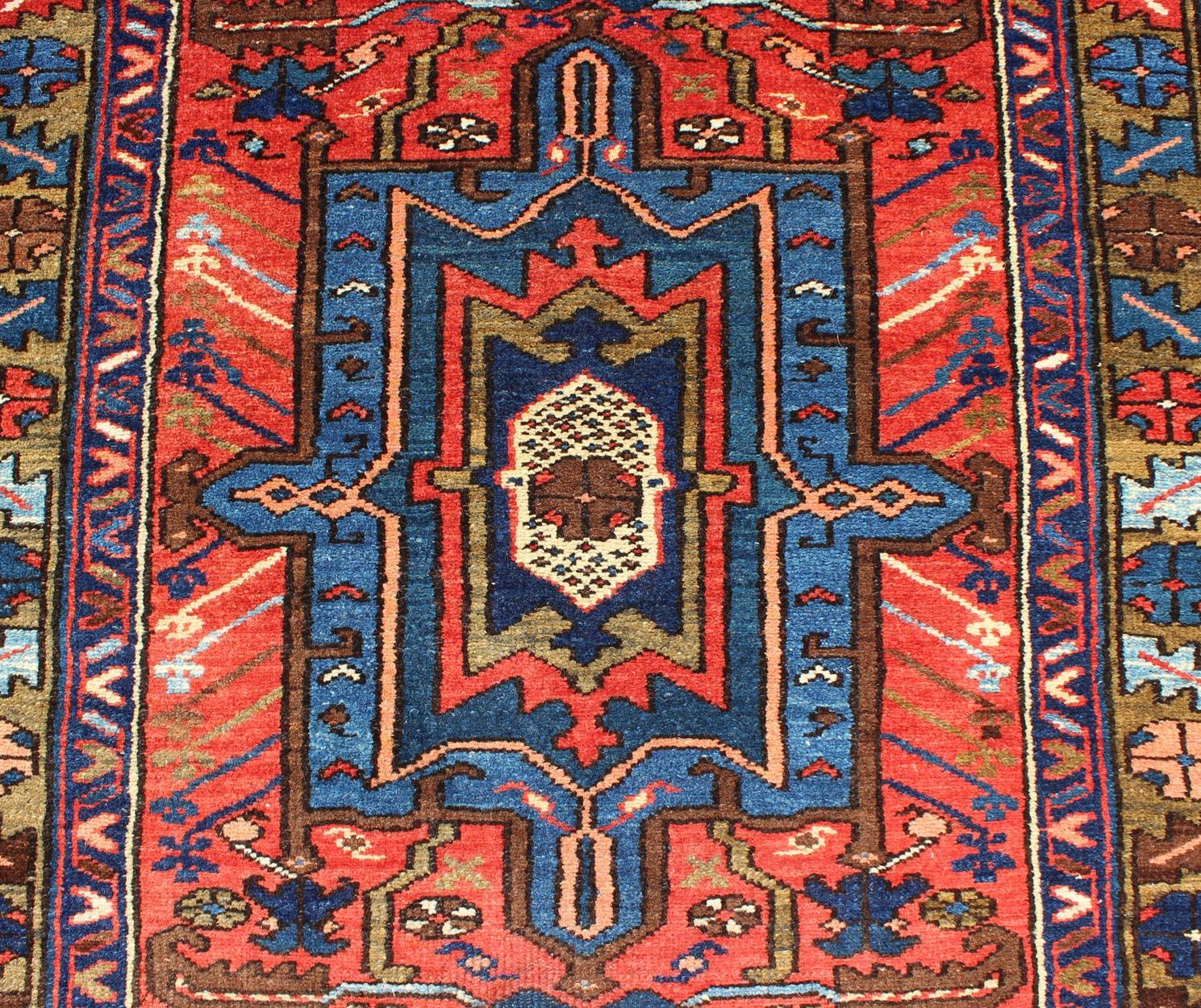 Antique Persian Karadjeh Runner with Layered Geometric Medallions in Red-Orange For Sale 5
