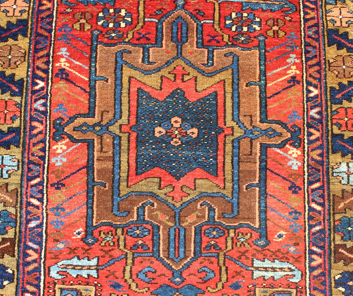Antique Persian Karadjeh Runner with Layered Geometric Medallions in Red-Orange In Excellent Condition For Sale In Atlanta, GA