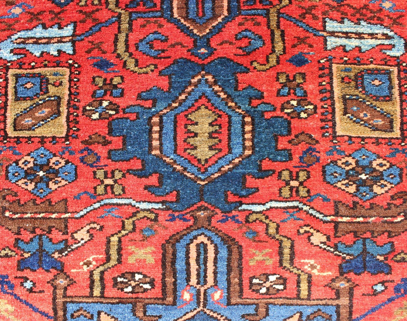 Wool Antique Persian Karadjeh Runner with Layered Geometric Medallions in Red-Orange For Sale